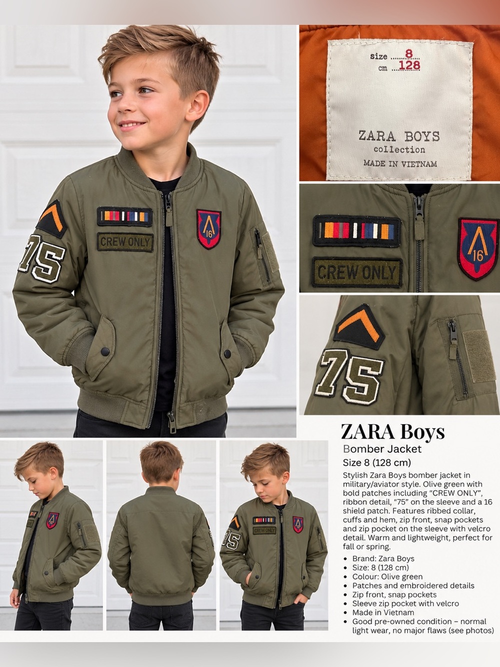 Zara Boys Olive Green Bomber Jacket Size 8 (128 cm) Military/Aviator Style